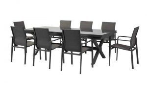  שולחן אלומיניום וזכוכית 240/300/100 נפתח כולל 6 כיסאות אלומיניום שחור בהוראת קבע