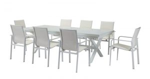  שולחן אלומיניום וזכוכית 240/300/100 נפתח כולל 6 כיסאות אלומיניום אפור בהוראת קבע