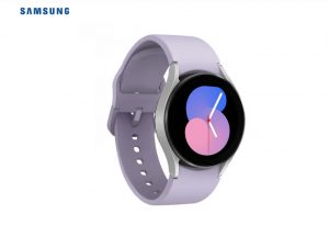  שעון חכם Samsung Galaxy Watch 5 40mm SM-R900 – צבע כסוף עם רצועת סיליקון סגולה שנה אחריות ע”י היבואן הרשמי בהוראת קבע